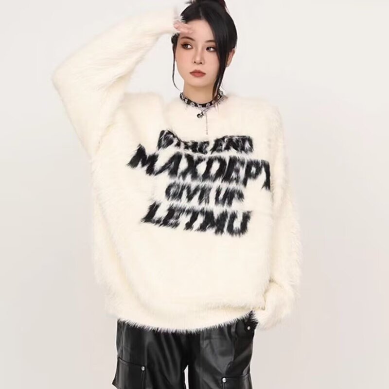 American-Style Jacquard Letter Round Neck Seahorse Wool Couple Sweater Autumn and Winter Niche Knit Top