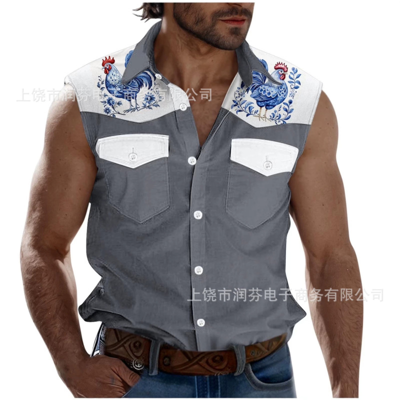 Cross-Border Foreign Trade 2026 European and American Style Blue and White Rooster Print Sleeveless Shirt Men's Summer Casual Western Cardigan