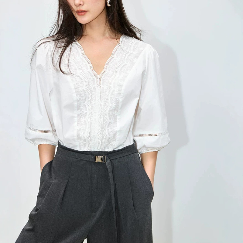 Lily Lady Fashionable New French-Style Elegant Lace V-Neck Cotton White Puff Sleeve Commuter Chiffon Blouse for Women