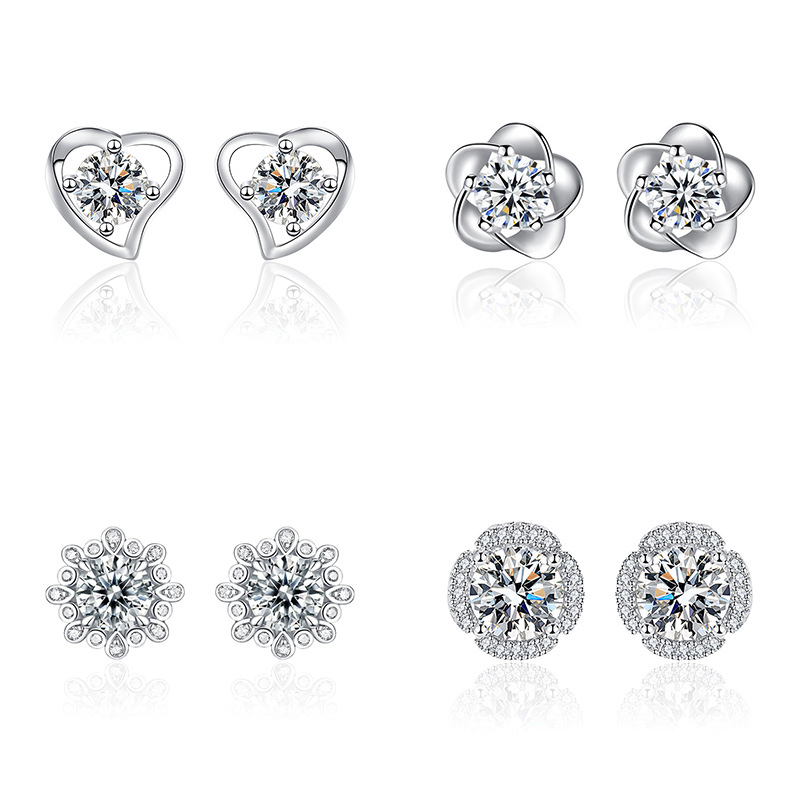 跨境爆款仿莫桑石时尚气质风经典四爪耳钉女纯银镀白金耳饰品批发