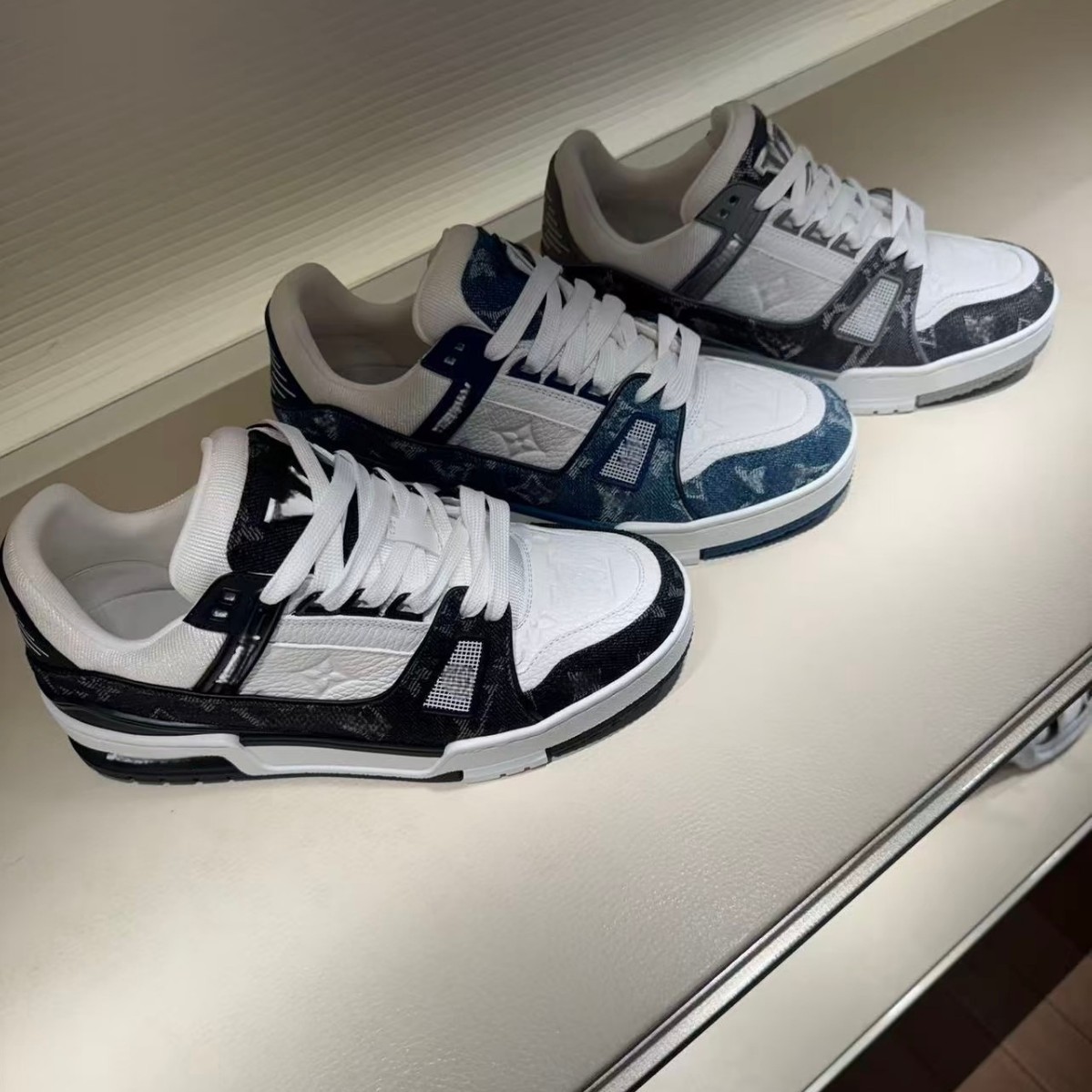 Original Lv Trainer Black Denim Unisex Sneakers Low-Top Gray Denim Couple Casual Sports Running Shoes