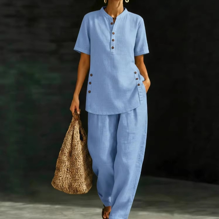 New Women's Linen Two-Piece Set American Style Comfortable Casual Button Up Shirt With Wide Leg Pants_ecoleips.com