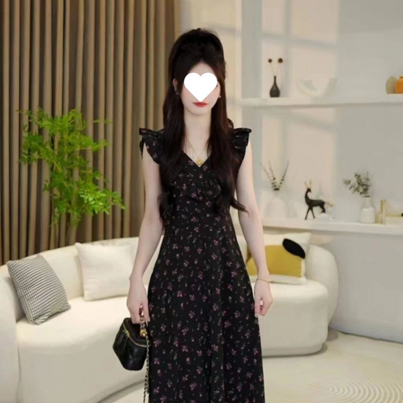 フロントとバックのツーピース花柄ドレス女性 2025 夏新フレンチスタイルウエスト小さなフライングスリーブ|undefined