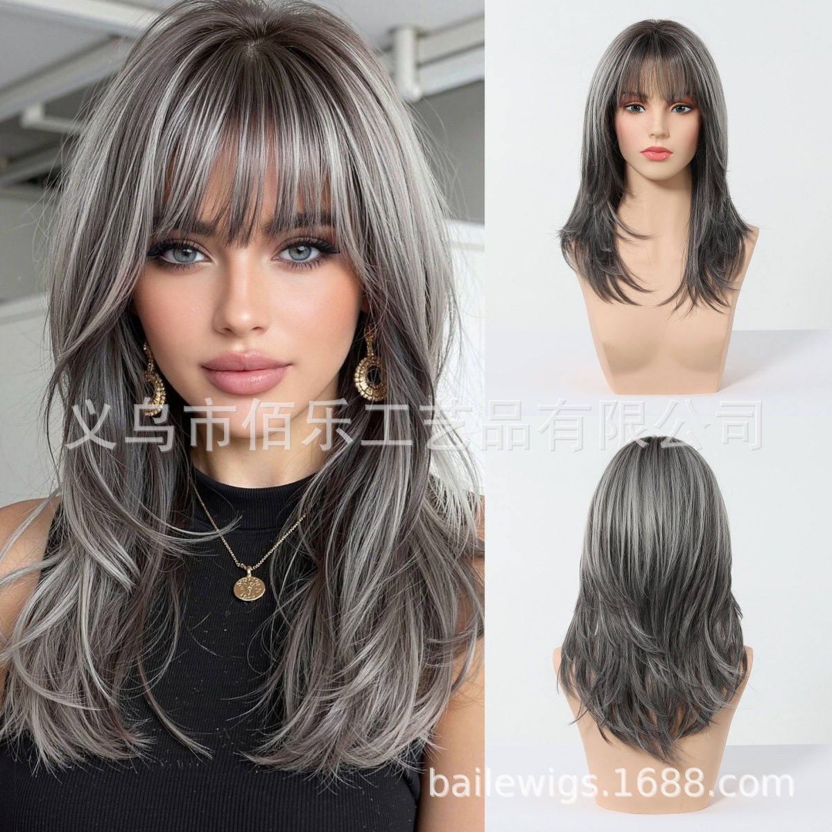 Peluca de venta caliente transfronteriza, color gris, flequillo, cabello rizado natural, casco completo, fibra química, hair femenino, lugar europeo y americano image 1