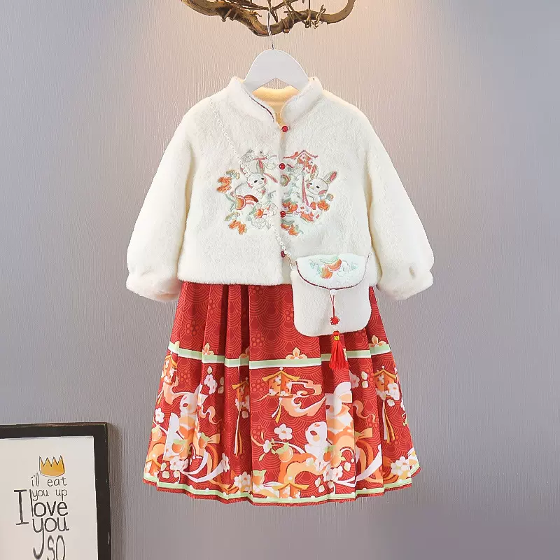 童装批发女童冬季套装裙子新款儿童洋气马面裙两件套新年服裙