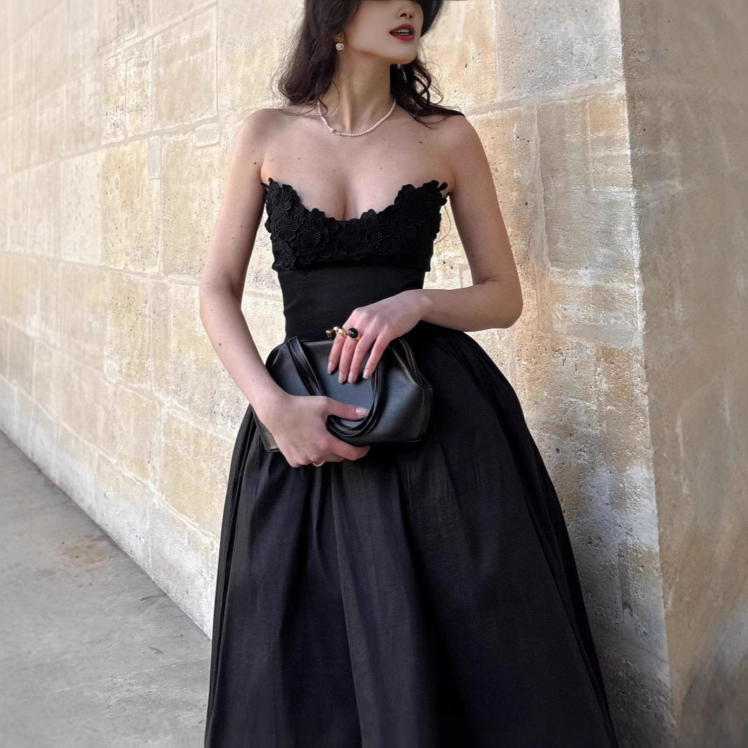 European and American Summer French Style Little Black Dress Design Black Elegant Sling Spice Girl Tube Top dress Evening Dress