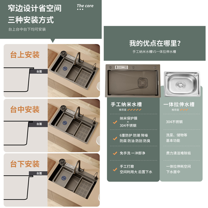 Gun gray 4.0 nanometer coating kitchen sink 304 stainless steel dishwasher sink cup holder large single basin QH10