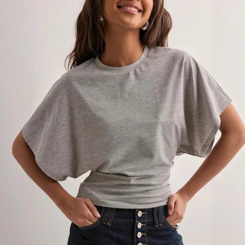 2025 Cross-Border European and American Summer New Korean Design Round Neck Pullover Short-Sleeved T-Shirt Fashionable Short Pure Color Women's Clothing 2025 Cross-Border European and American Summer New Korean Design Round Neck Pullover Short-Sleeved T-Shirt Fashionable Short Pure Color Women's Clothing