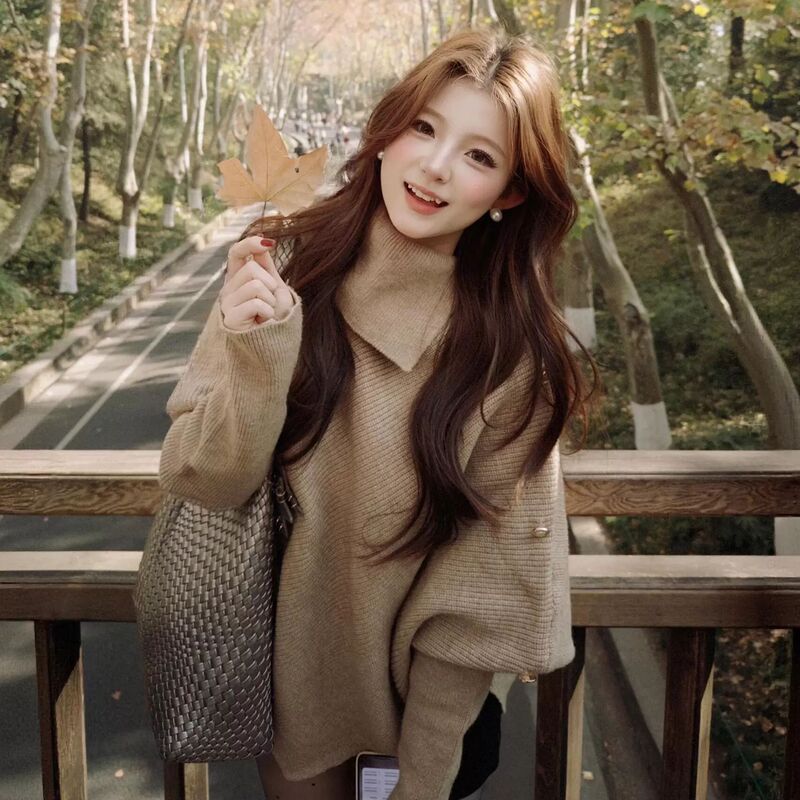 2026 new style, loose-fitting, high-neck, batwing-sleeve knit sweater for women, perfect for autumn and winter, offering a sophisticated and stylish look as an outerwear piece