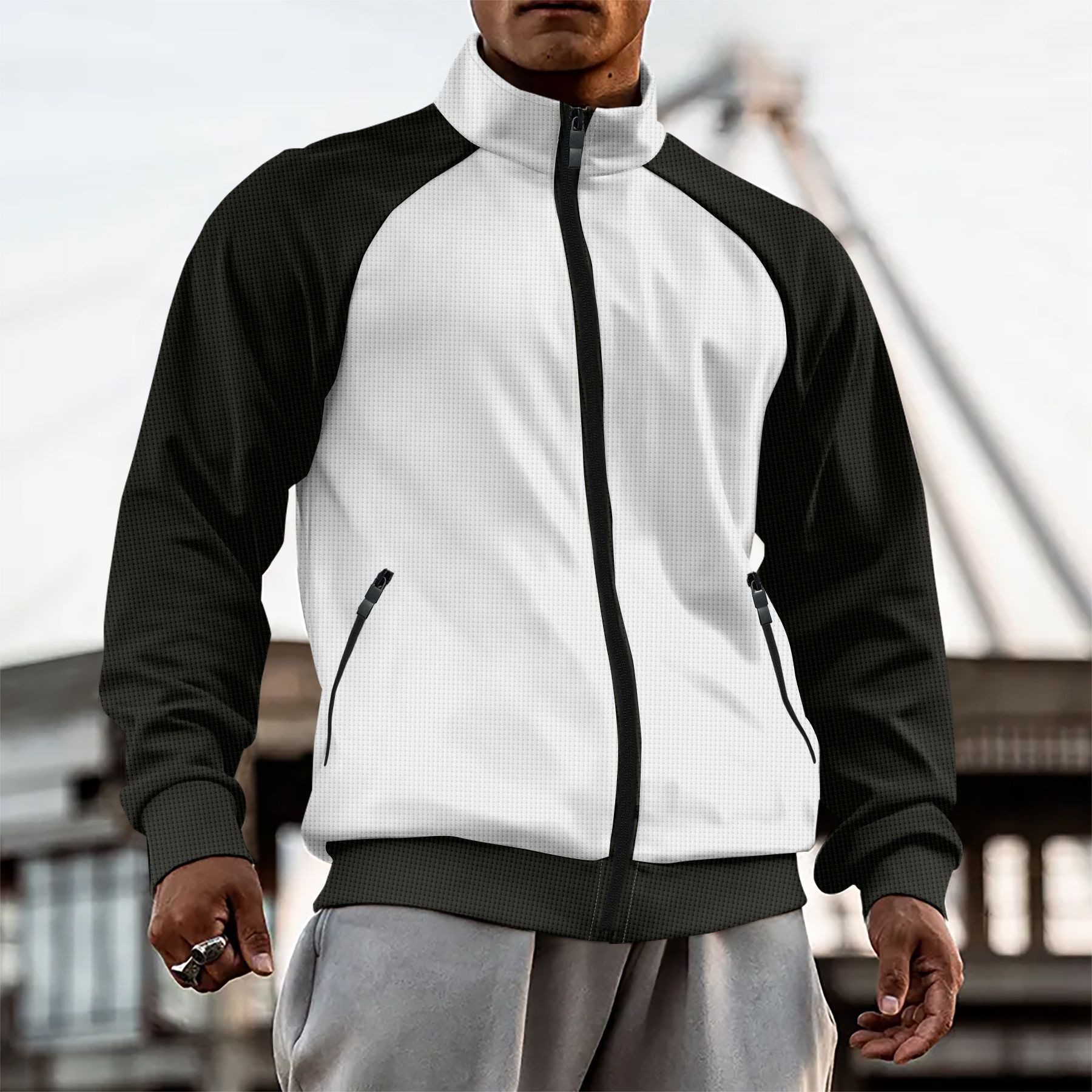 Men's Outdoor Waffle Knit Zip-up Jacket Colour Blocked Sport Coat_voghion.com