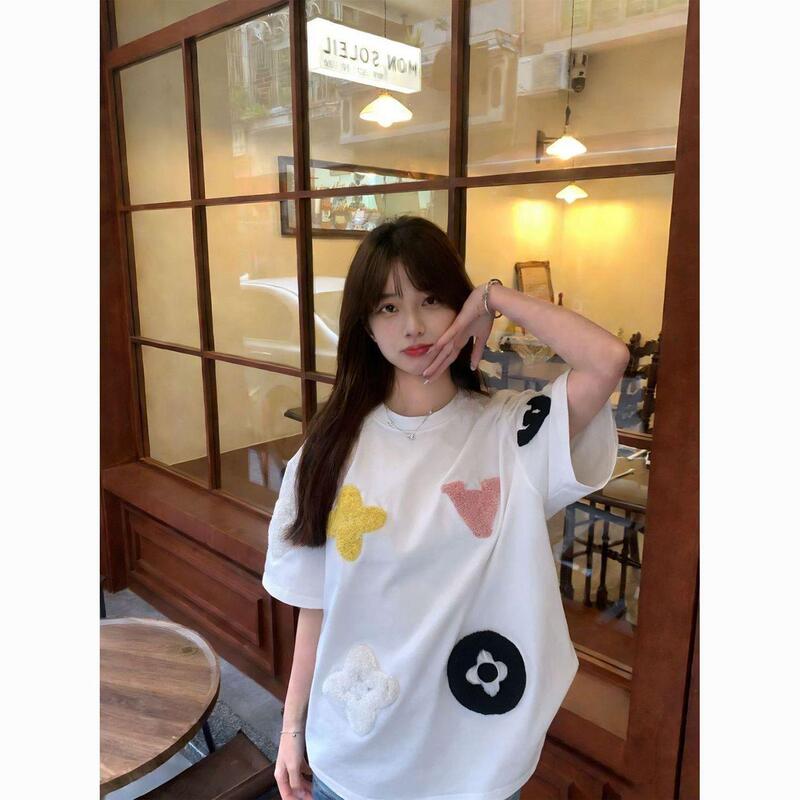 [19 Pieces of 220g Towel Embroidery] American Style Women's Short-Sleeve T-Shirt Trendy Brand High Street Summer New Style Wide