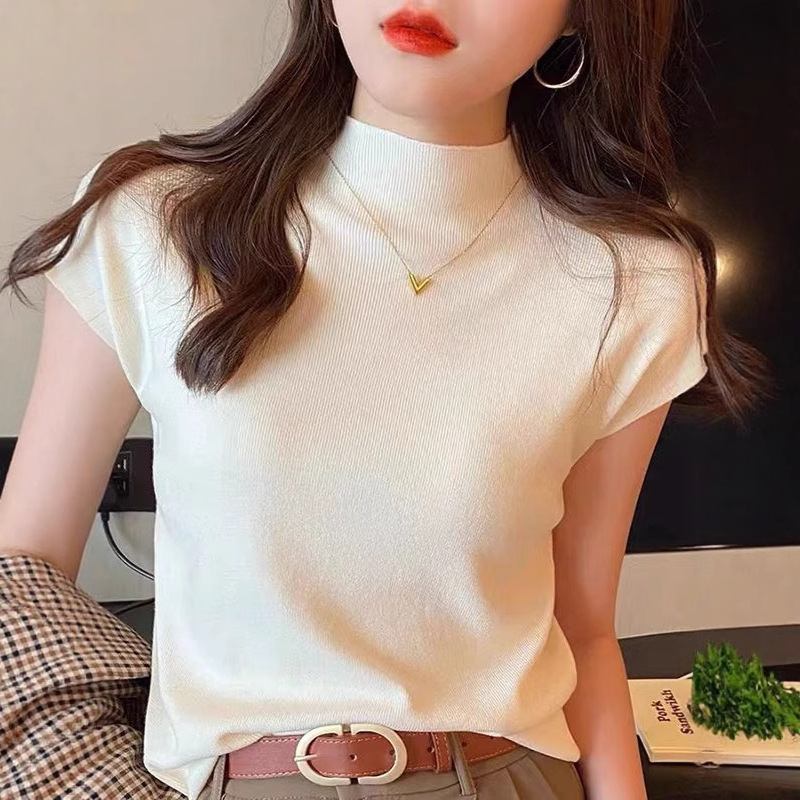 하프 터틀넥 반팔 티셔츠 여성 니트 미드 칼라 바닥 셔츠 화이트 이너웨어 2025 신작 봄, 가을 핫 스타일 탑