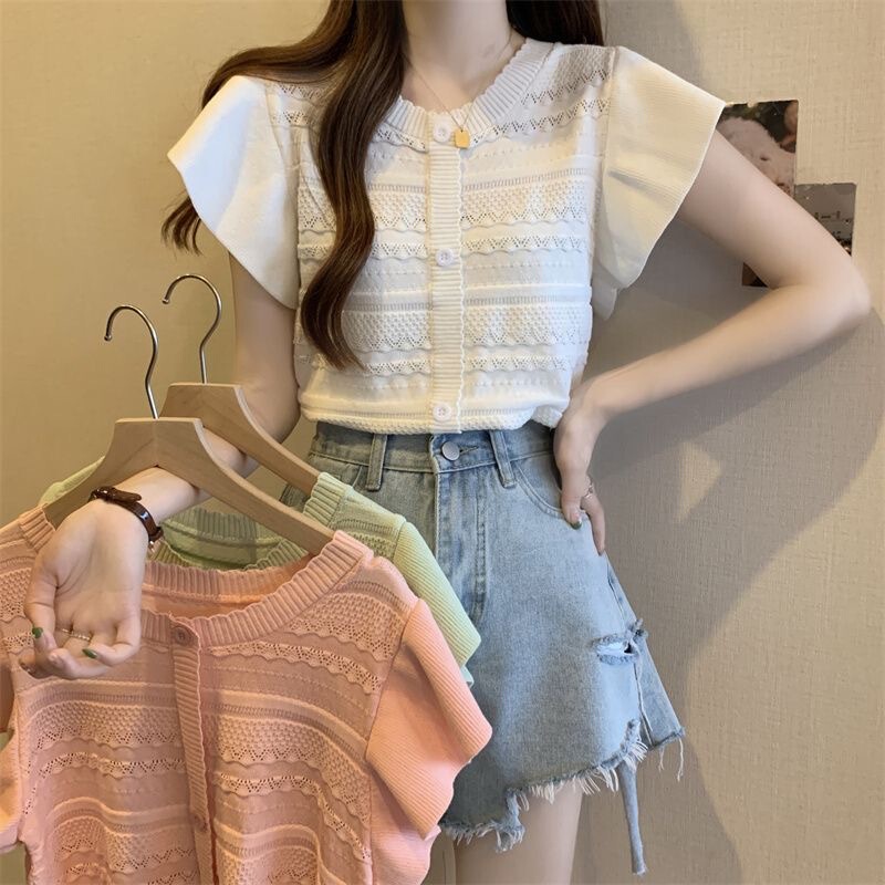 Design Sense Niche Cut Out Splicing Flying Sleeve Knitwear Women's Summer Sweet and Cute Sexy Slim Top Women's Trendy