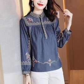 出口外贸牛仔衬衫女2022新款春秋复古刺绣宽松休闲长袖女士