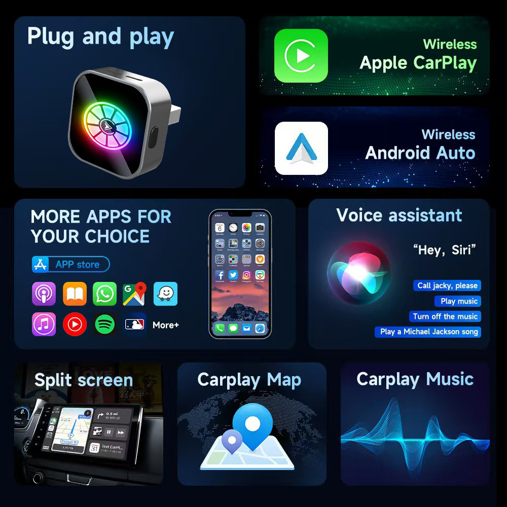 Rgb Colorful Lights Smart Button Wireless Carplay Adapter Android Auto Two-In-One Box Upgraded Version