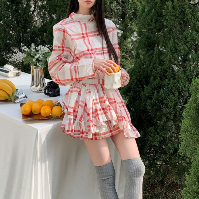 Korean-Style Super Stylish, Sweet, Unique, High-End Red and Pink Plaid Irregular Cut Low-Waist Fashionable Shirt Dress for Women
