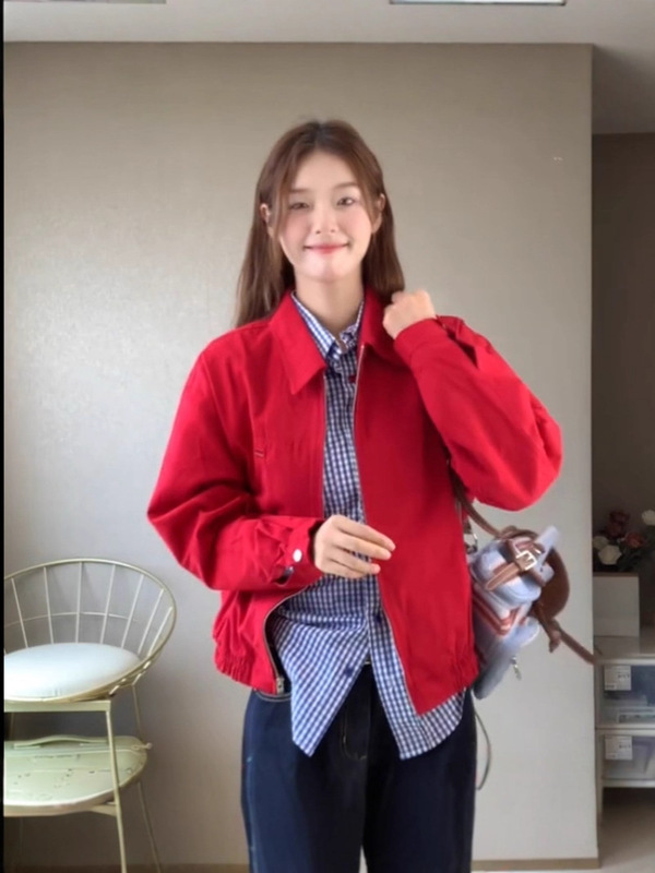 美式复古红色棒球服夹克外套女早初秋季2025新款休闲宽松气质上衣|undefined