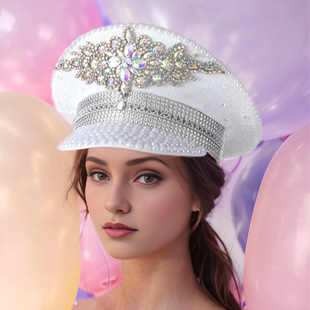 New Women Letters Pearl Wedding Hat silver Sequins Diamond Photography Hat Cap Cap Flat Top Hat Performance Hat
