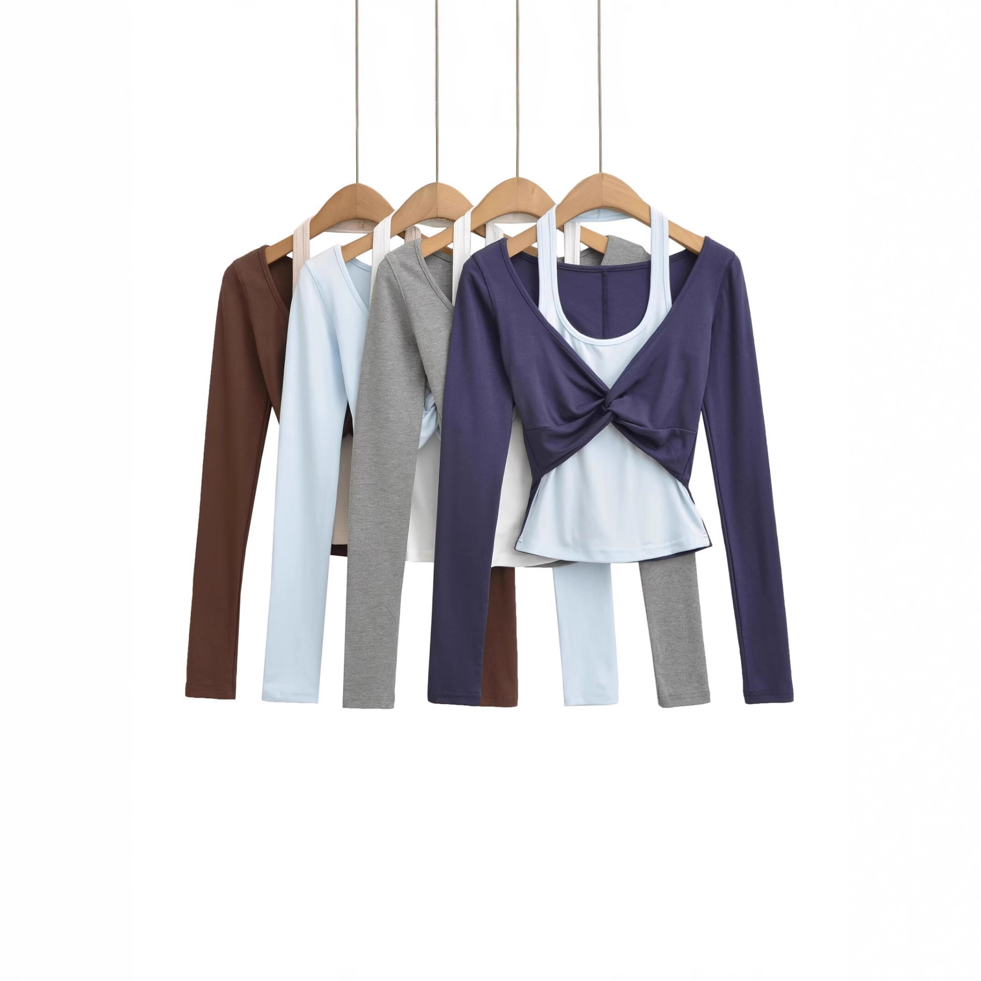 辣妹风挂脖拼色假两件长袖t恤女设计感纽结紧身性感打底短款上衣