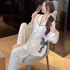 睡衣女冰丝秋冬新款波点长袖蕾丝高级感蝴蝶结家居服套装可外穿