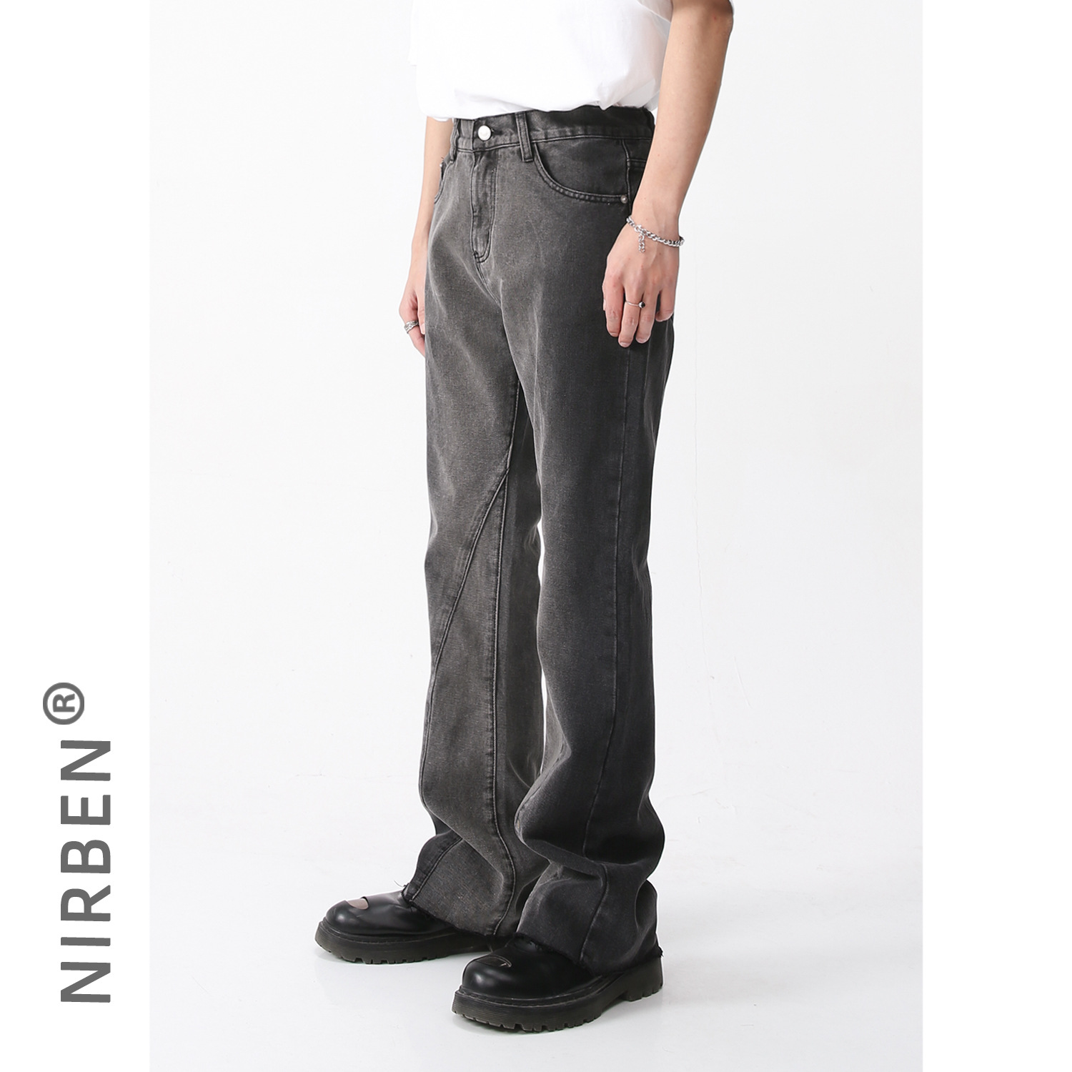 Nirben Denim | Pantalones acampanados de los nuevos hombres de moda retro cintura elástica estilo coreano gradiente pantalones acampanados
