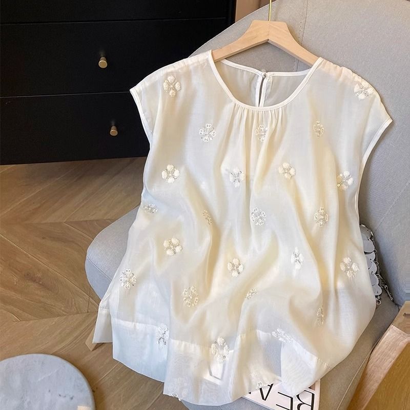 Super plus size 1.00 kg-150.00 kg chubby girl Summer New Chinese Style National Style Embroidered Sleeveless Top Women's Cool Flesh Covering Slim T-shirt