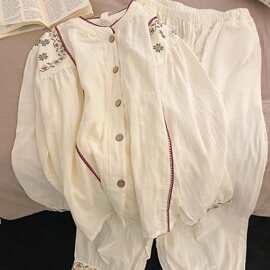 法式碎花圆领双层棉纱睡衣女春秋季马年新款休闲可外穿家居服套装