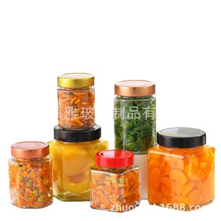 Hexagonal honey bottle glass bottle transparent hexagonal Pickles jam swallows bottle Square 1 Jin food packaging glass jar