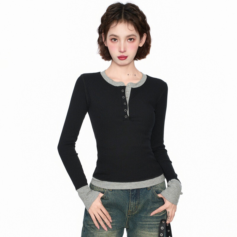 Black Faux Two-Piece Long-Sleeve T-Shirt for Women, Spring and Autumn Short Slim-Fit Base Layer Top, 2025 New Style