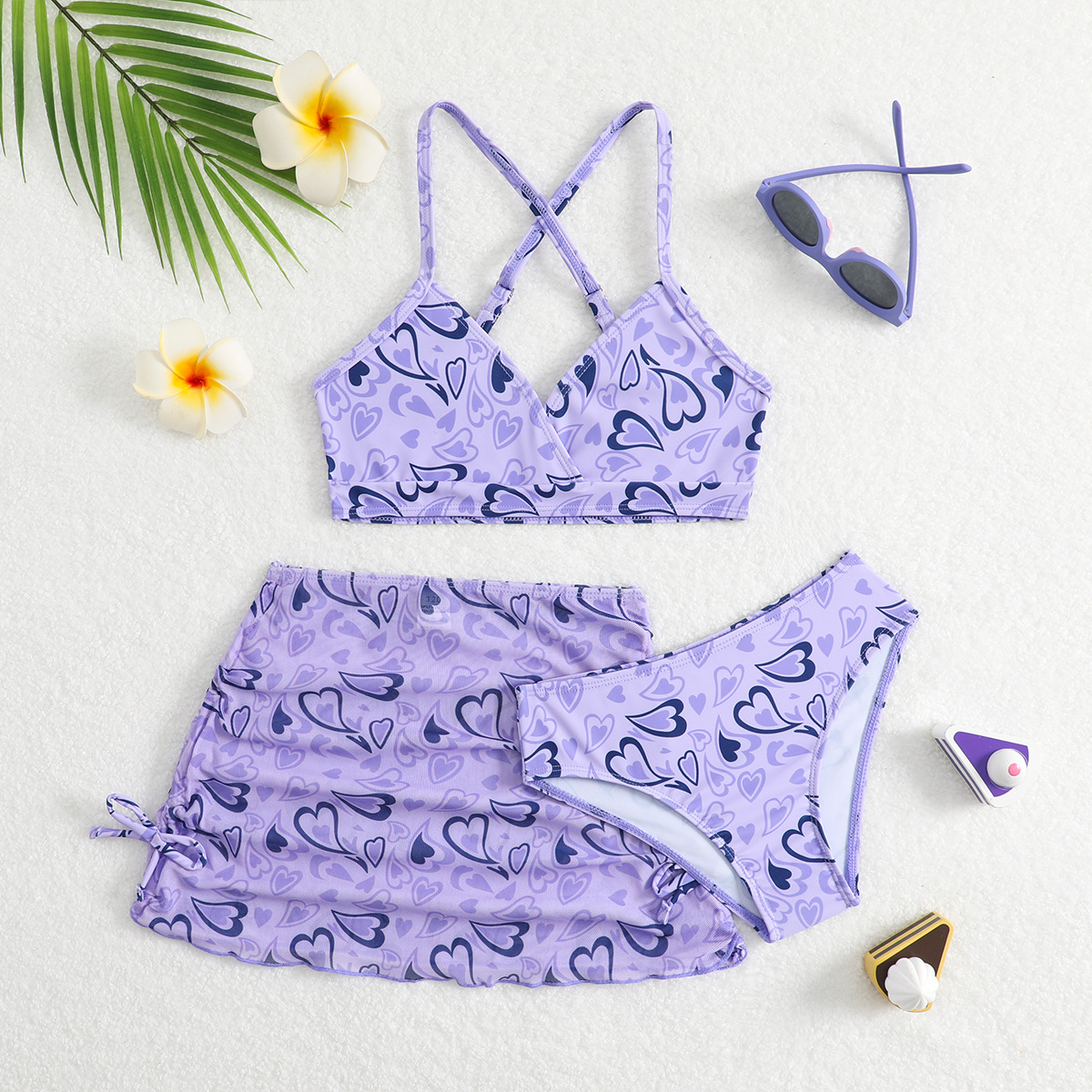 Mädchen Badeanzug Set Mit Herz-muster Im Dreiteiligen Design_voghion.com