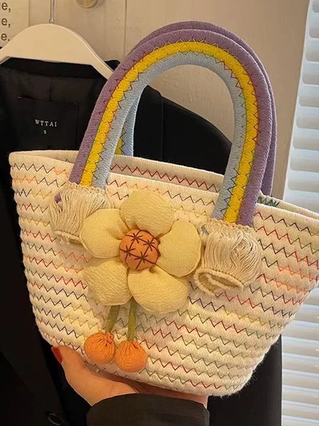 Cotton Rope Woven Rainbow Cloud Bag, Ins-Style Hand-Held Tote Bag, Large Capacity, Fresh and Simple Straw Woven Bag, Same Style as on Ins