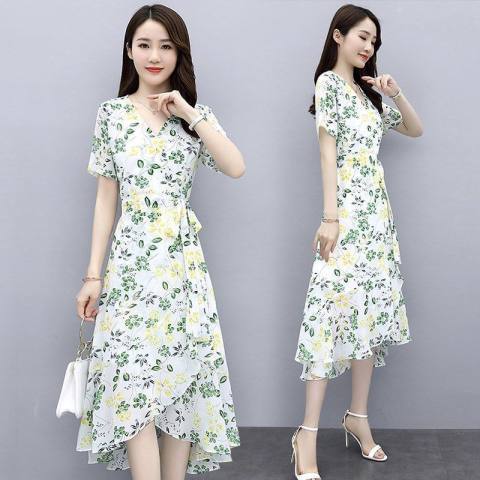 2025 Summer Floral Print Dress for Summer and Autumn, French Ice Silk Medium-Length Slimming and Elegant Waist-Closing Dress