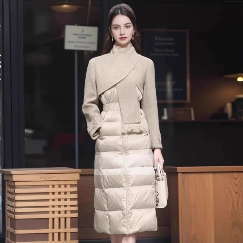 2024 зимний новый модный темперамент нерегулярный шейный нагрудник средний длинный талия над коленями пуховик 90 белая утка
