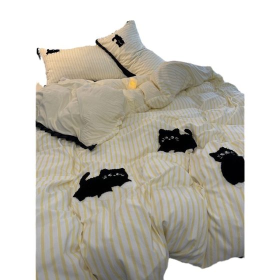 Cartoon Cute Cat Towel Embroidered Four-Piece Set Princess Style Washing Cotton Bed Sheet Quilt Cover College Student Dormitory Three-Piece Set