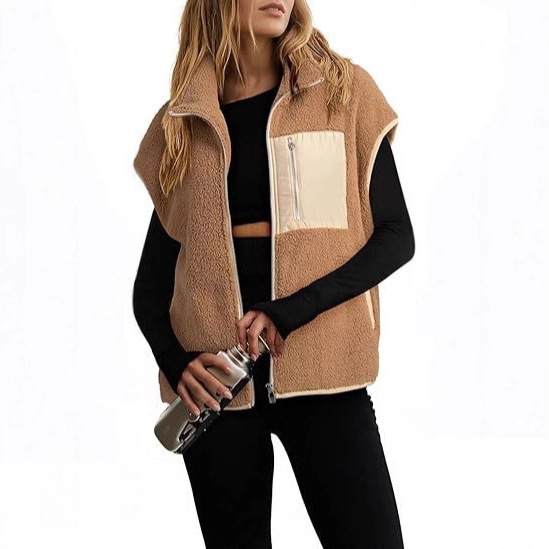 Women's Fleece Jacket Vest Sleeveless Stuffed Snow Leopard Jacket Zipper Loose Casual Coat Autumn Winter Ladies Top