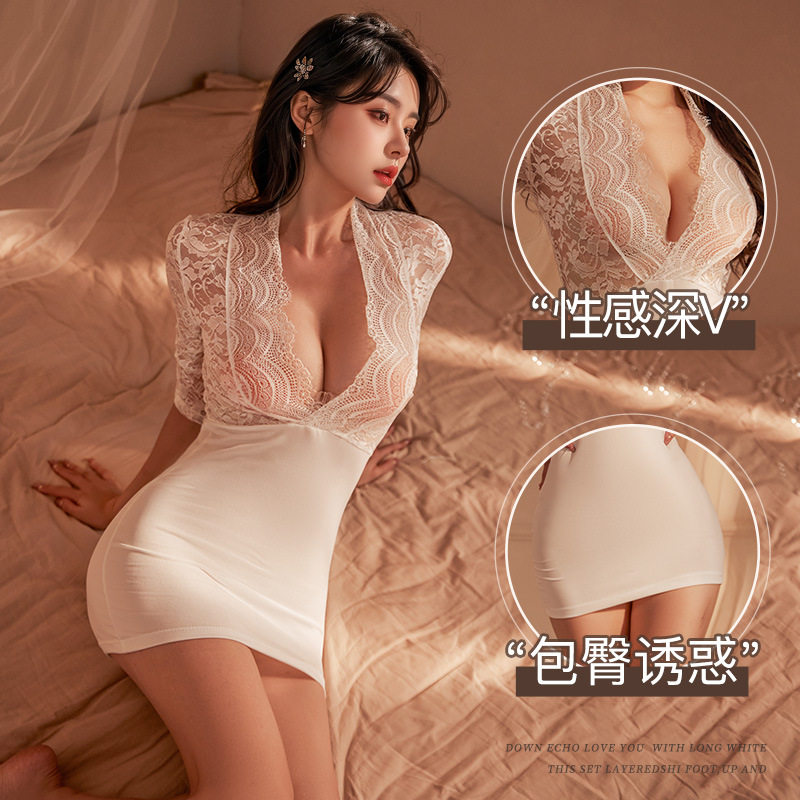 Sexy Underwear Tight Hip Skirt Sexy Secretary Uniform Tempting Deep V-Shew Lace Perspective Pure Lust Dress