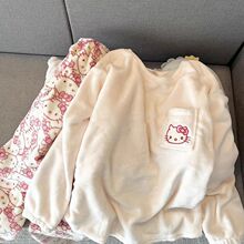 秋冬季法兰绒睡衣女圆领珊瑚绒可爱加绒加厚两件套装家居服代发