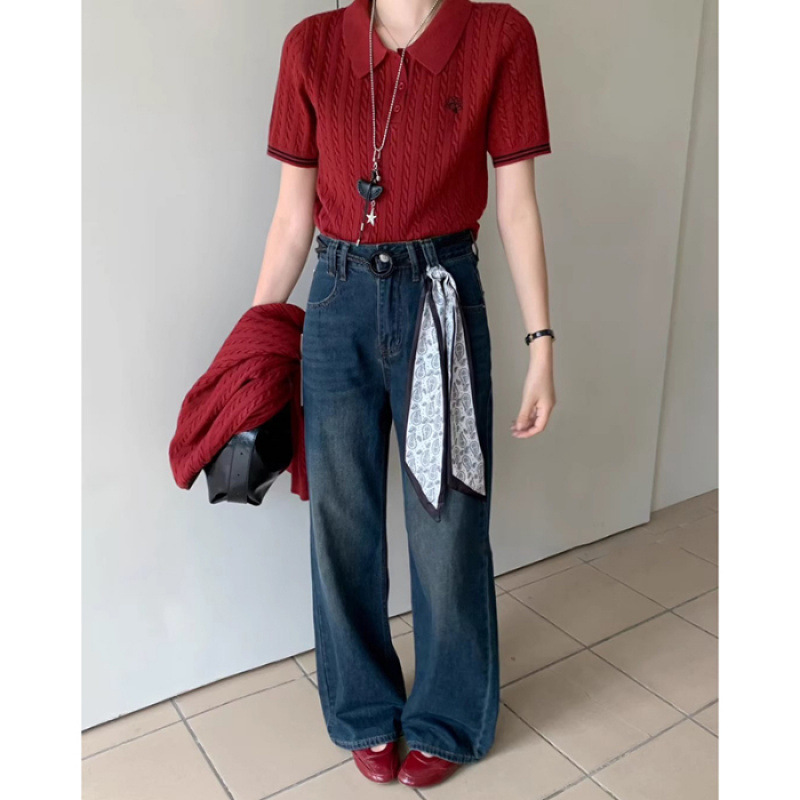 配丝巾复古水洗直筒弹力牛仔裤女秋季宽松洋气潮流时尚显瘦阔腿裤|undefined