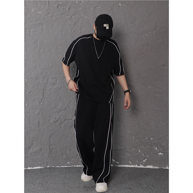 夏季新款撞色边线设计感运动风日常穿搭两件套约短袖长裤套装男