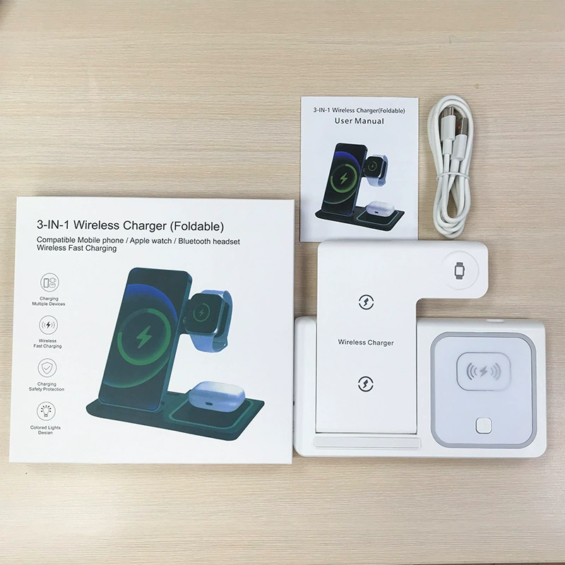 3-в-1 беспроводная зарядка (Apple, Samsung) Qi-станция — 15W для телефона, 3W для часов, 2W для наушников, ABS