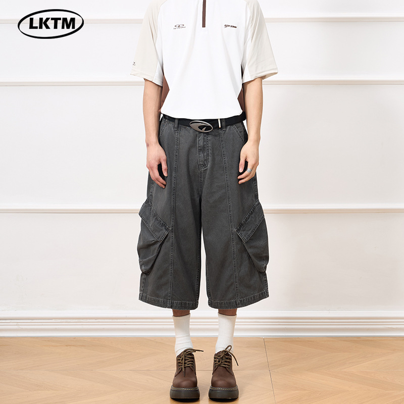 LKTM Men's# American vintage Washed Old Casual Cropped Pants Men's and Women's Fashion Brand Stitching Straight Short Pants