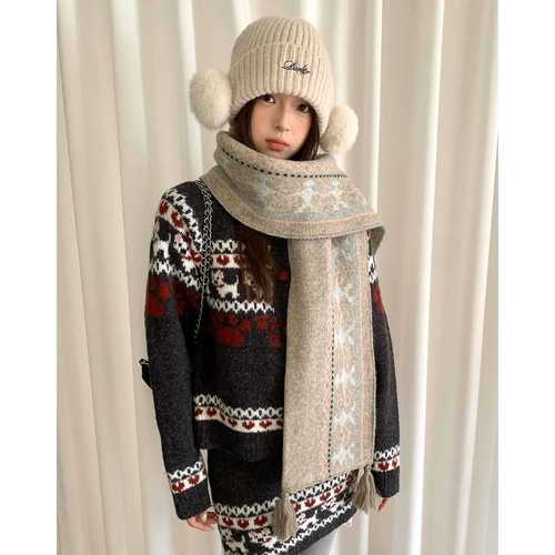Fair Isle Pattern Knitted Scarf for Women 2025 New Arrival Autumn/Winter Atmospheric Sensation Thick Warm Woolen Neck Wrap Versatile