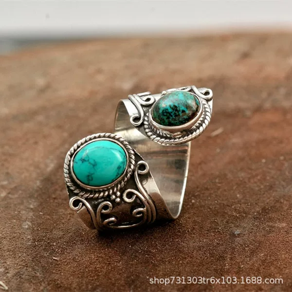 Lihuang AliExpress new vintage inlaid turquoise silver ring ladies jewelry adjustable wholesale