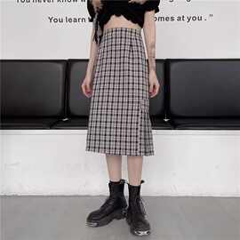 原宿风格子半身裙女夏中长款过膝包臀裙大码设计感褶皱直筒一步裙