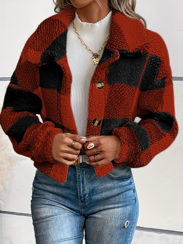 Long Sleeve Plaid Pattern Teddy Coat Versatile Winter跨境|undefined