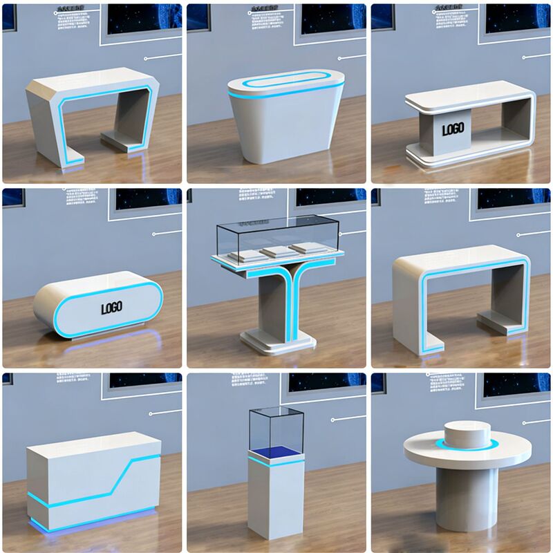 Painted custom-shaped display stand, display cabinet, technology company product island display table, exhibition table, showroom display cabinet Painted custom-shaped display stand, display cabinet, technology company product island display table, exhibition table, showroom display cabinet