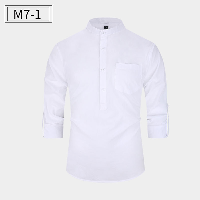 Amazon tamaño europeo camisa de los hombres algodón Henley camisa soporte collar camisa Lino los hombres manga larga fábrica directa en stock camisa