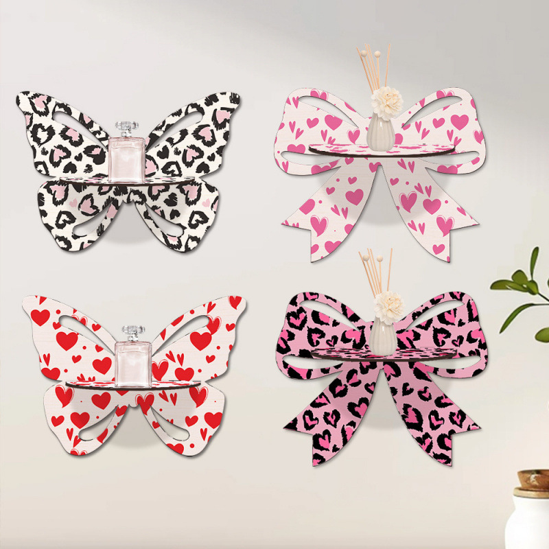 跨境情人节花纹蝴蝶结木质墙面悬挂装饰木质工艺品客厅墙面置物架