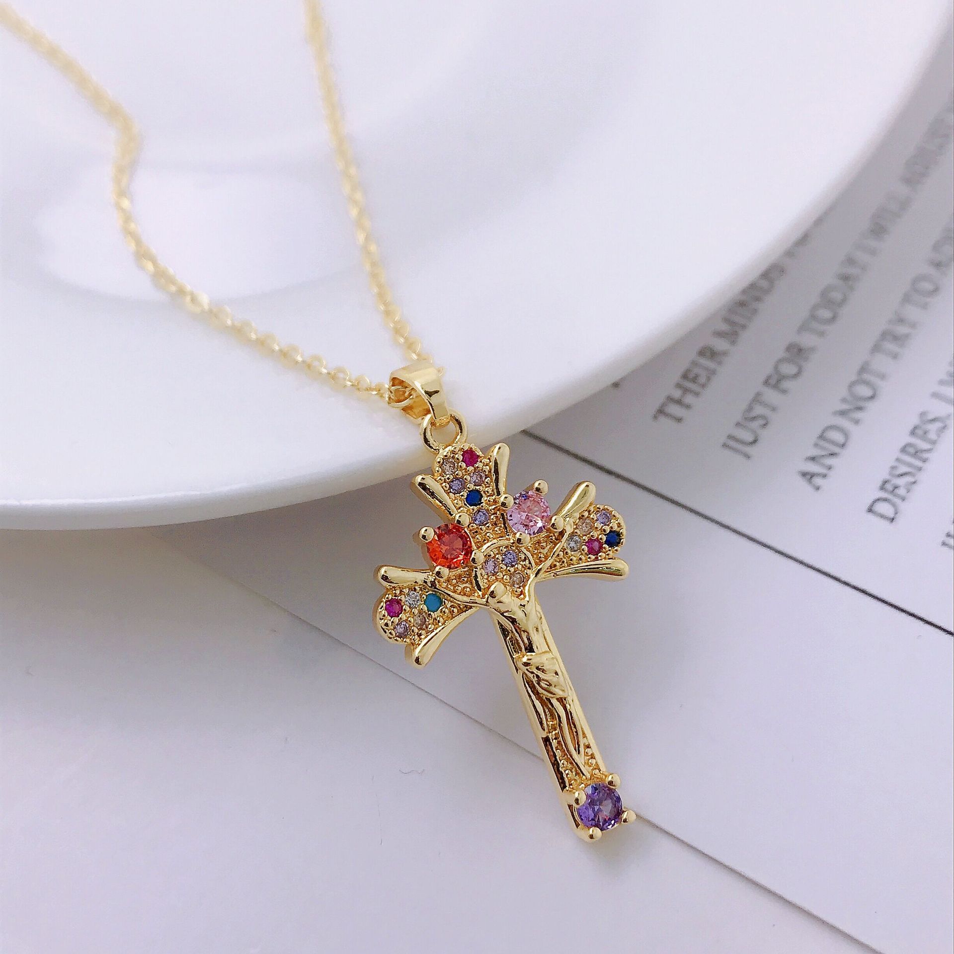 Retro Catholic Virgin Mary Jesus Cross Pendant Copper Zircon Clavicle Chain display picture 4