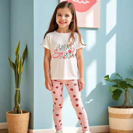 K1073跨境外贸ins 夏季女童花卉印花+草莓印花紧身裤